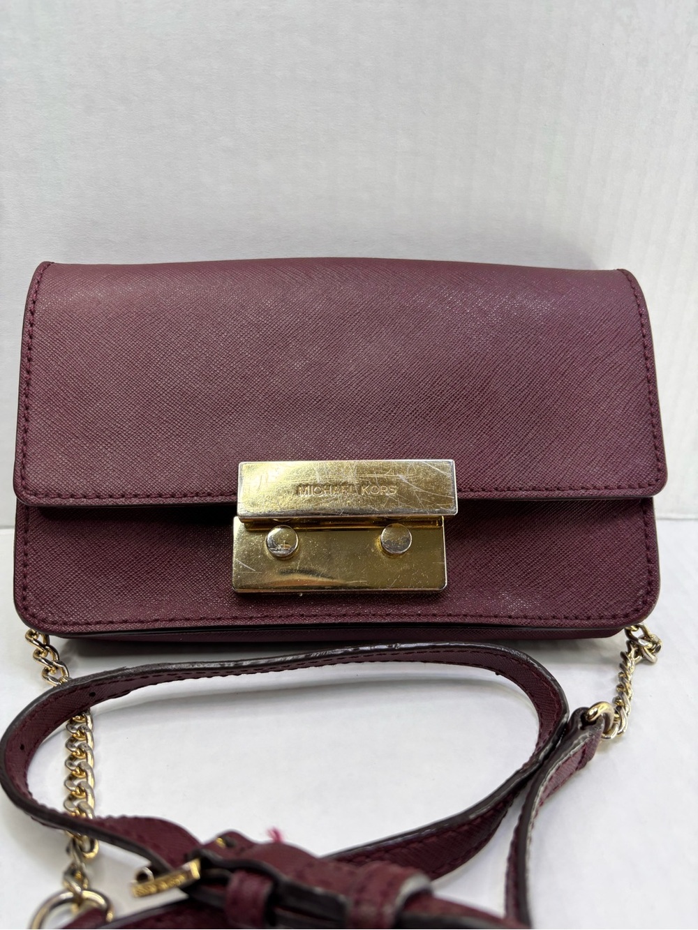 Michael Kors Burgundy Small Crossbody Saffiano Leather Gold Chain Strap Pockets